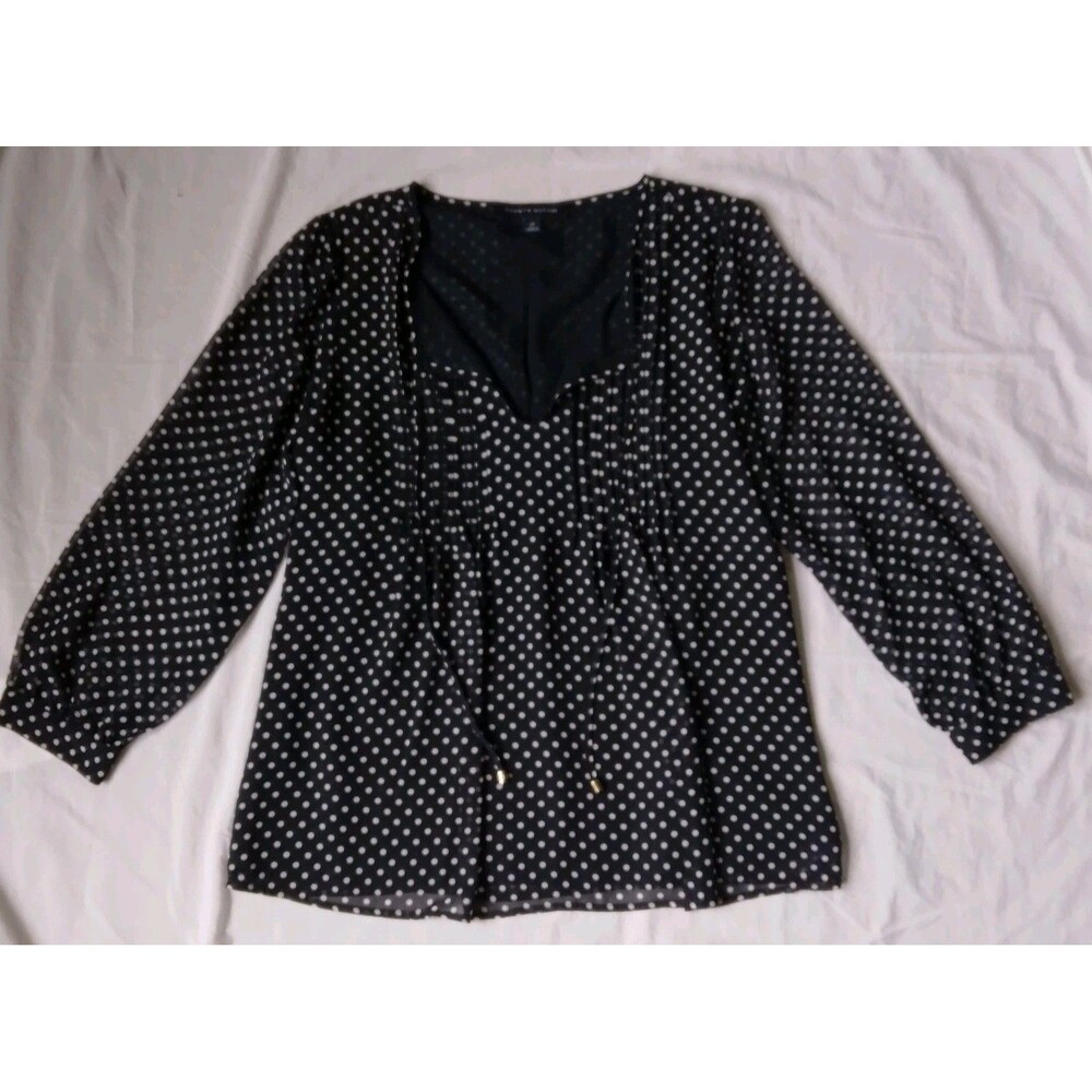 Tommy Hilfiger Sheer Navy Polka Dot Blouse with Tie Neck Work Wear Office Small